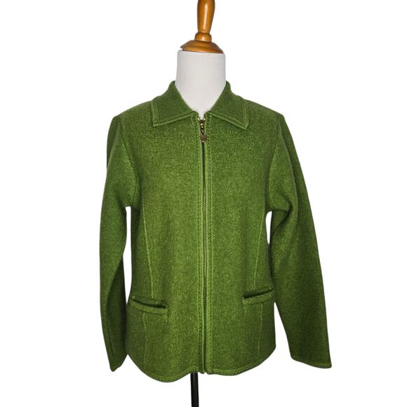 Vintage Jackets & Blazers - Vintage Boiled Wool Zip Up Jacket Green Holiday Lisa International Women Large
